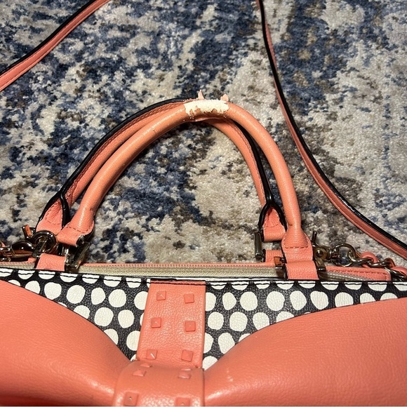 Betsey Johnson Curtsy Black & White Polka Dot Coral Bow Satchel - Picture 3 of 13